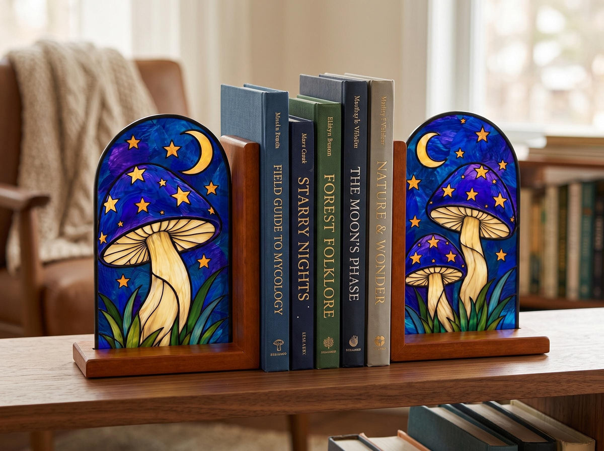 Front view of the mushroom stained glass bookend set