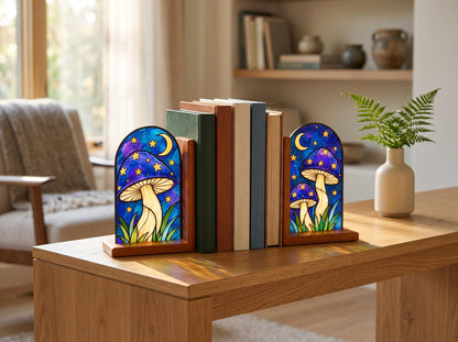 Mushroom Stained Glass Bookends with Wood Bases displayed in natural light