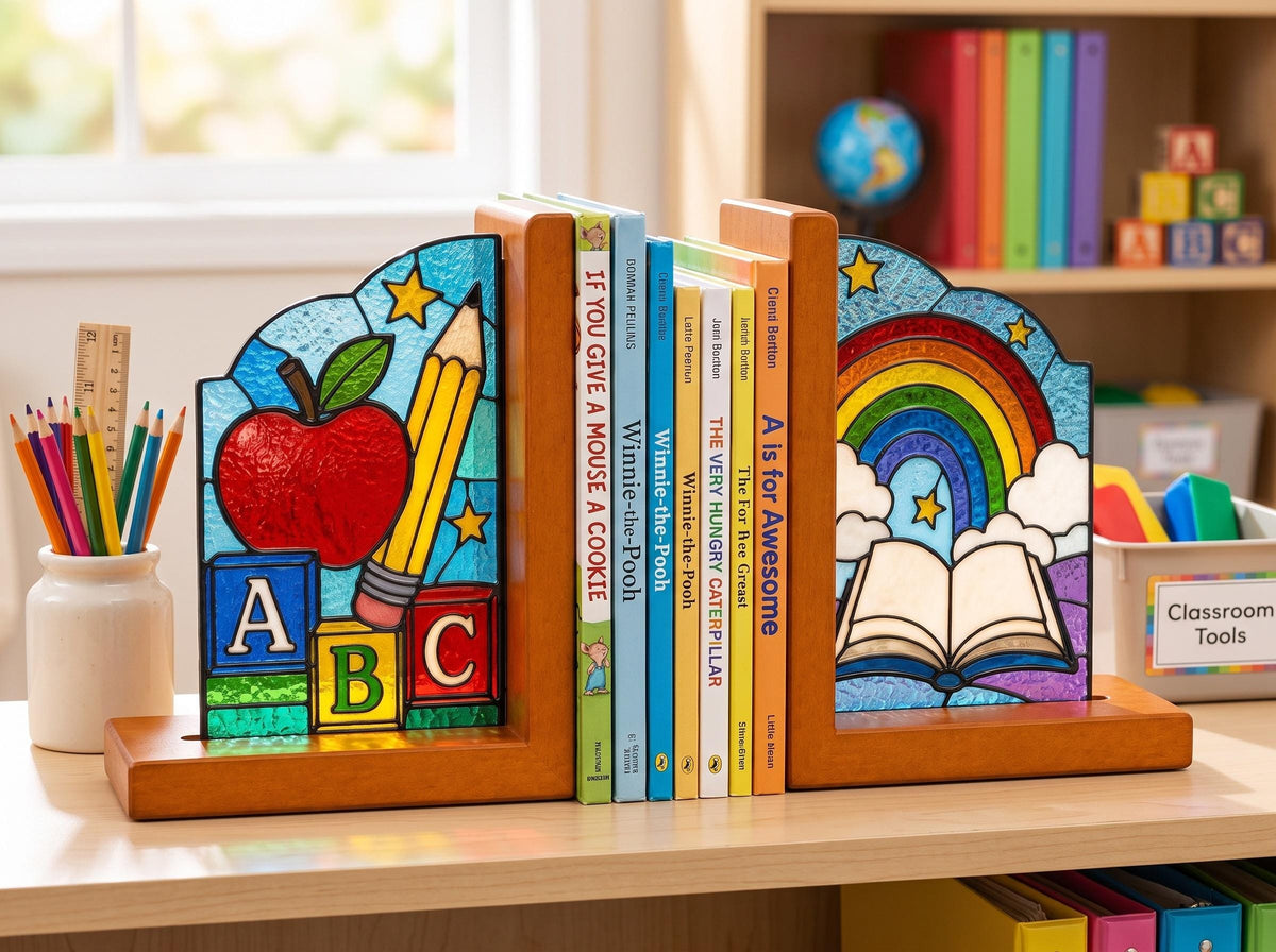 Back To School stained glass bookend set in a styled home interior
