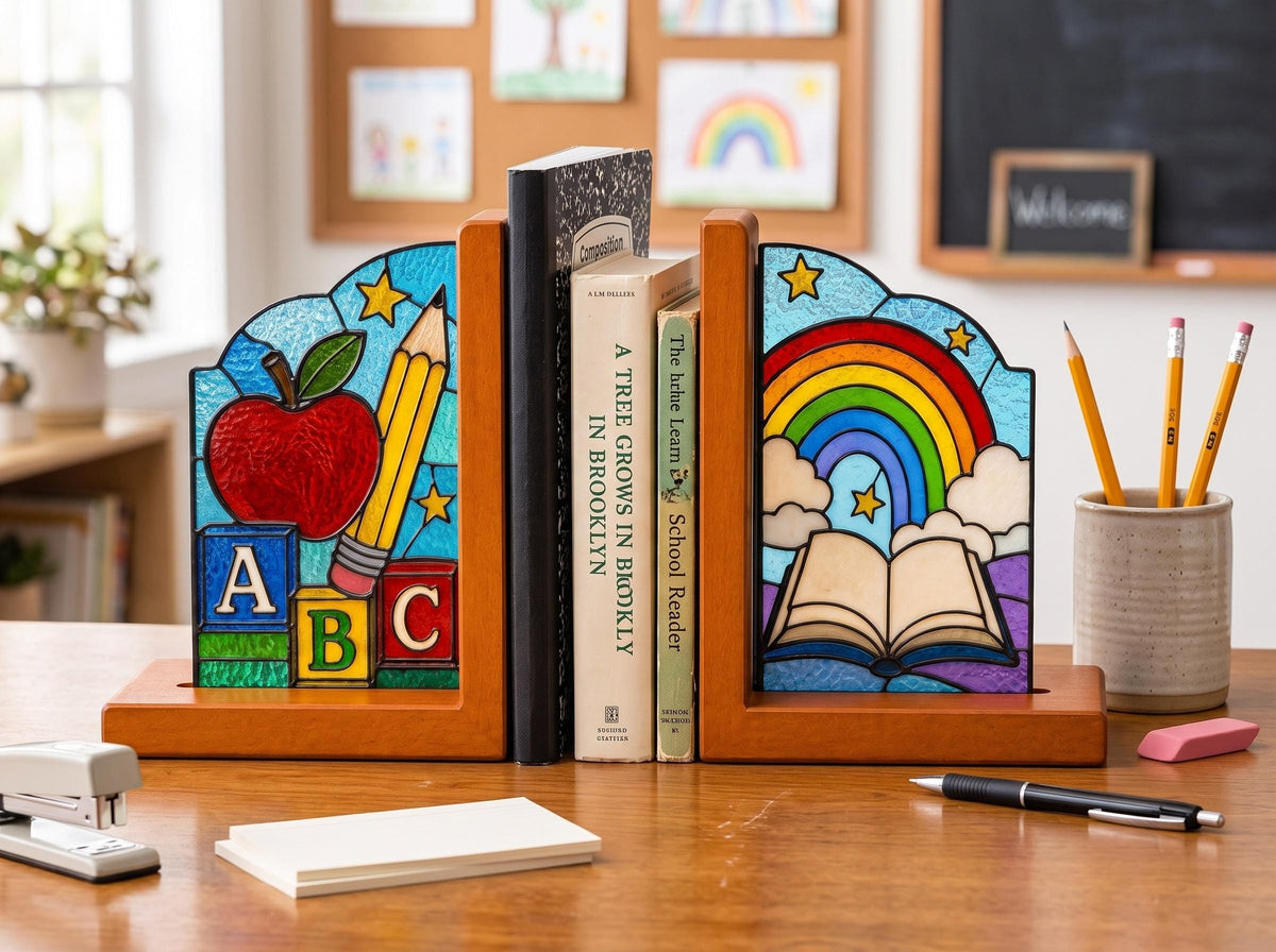 Angled view of the back to school glass artwork
