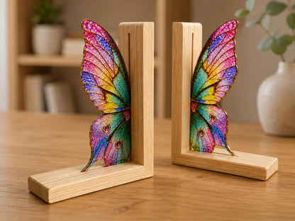 Front view of paired butterfly glass bookends with natural wood bases
