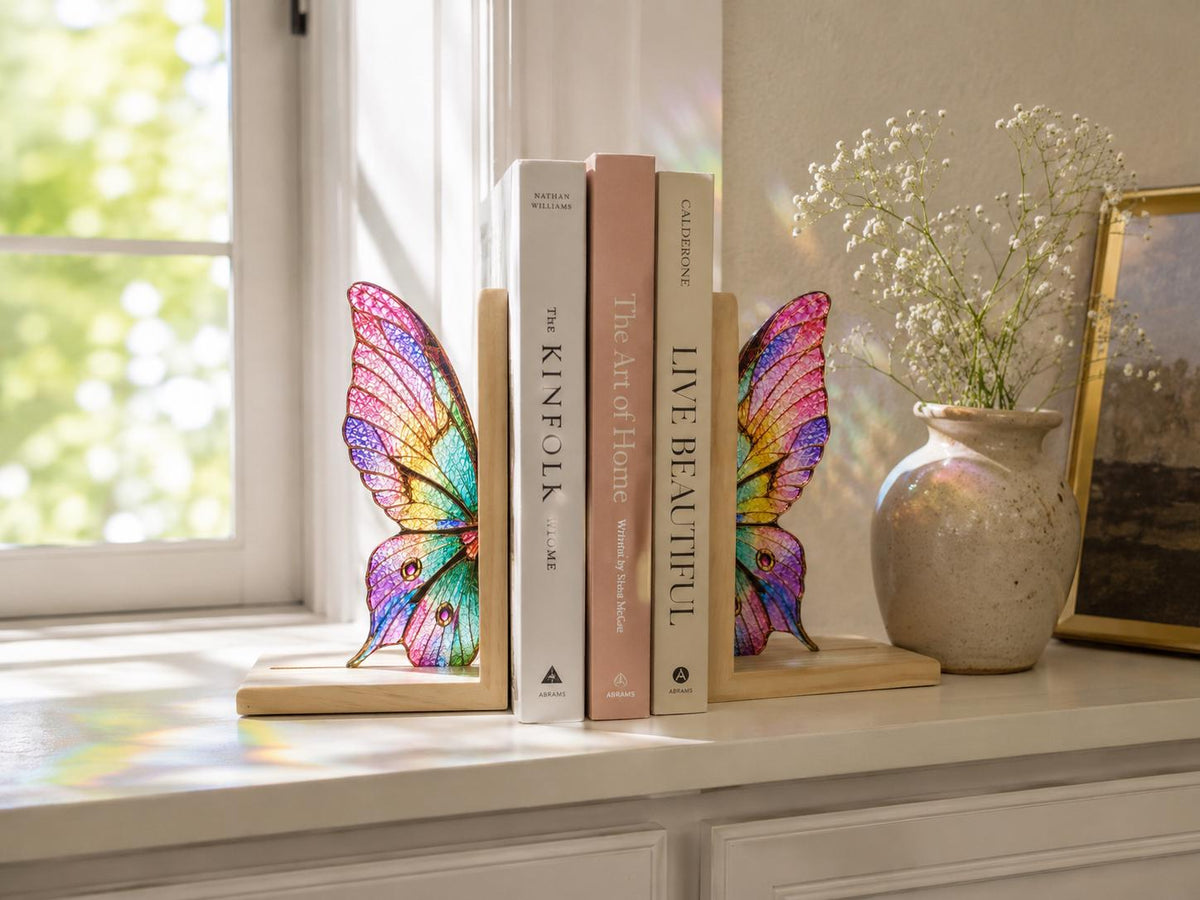 Colorful butterfly bookends displayed with books on a white windowsill