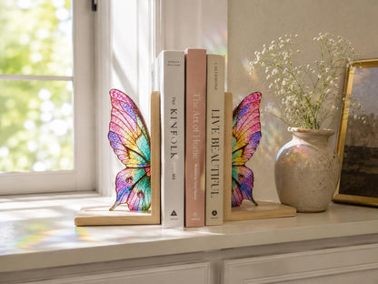 Colorful butterfly bookends displayed with books on a white windowsill
