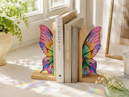 Pink and turquoise butterfly bookends framing books in a bright reading nook