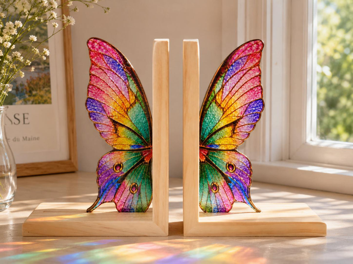 Butterfly stained glass bookend pair facing inward on a windowsill