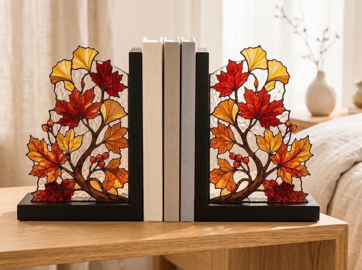 Front view of the autumn leaves stained glass bookend set