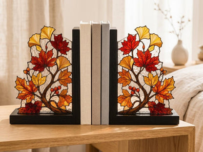 Front view of the autumn leaves stained glass bookend set
