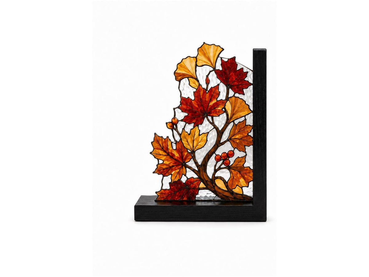 Front view of the autumn leaves stained glass bookend set