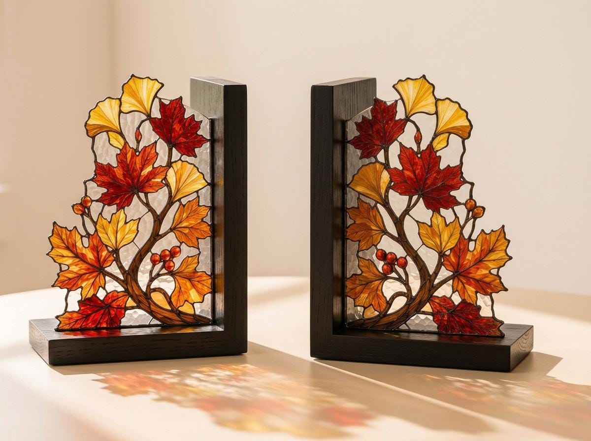 Autumn Leaves glass bookend set near a bright window