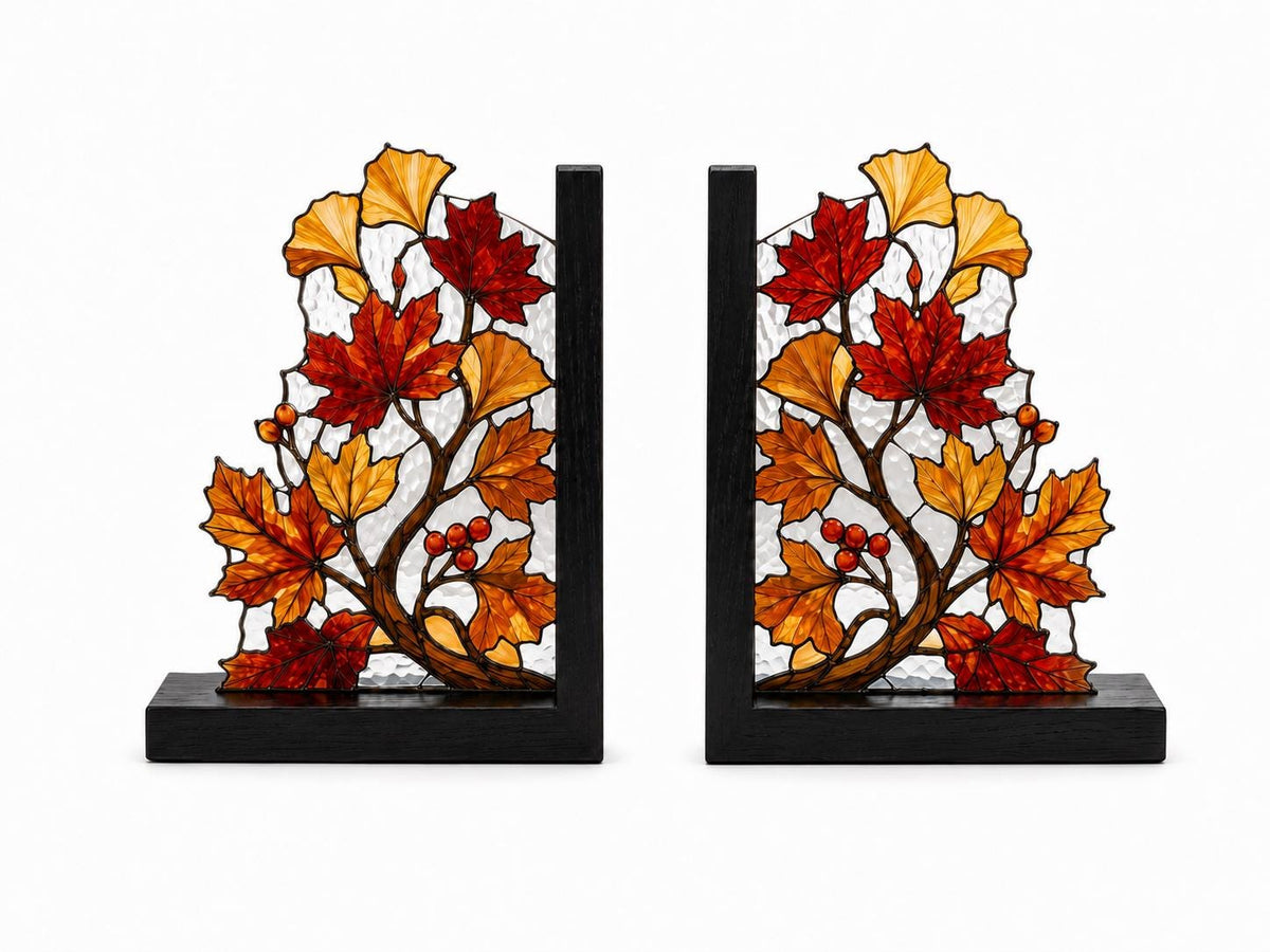 Autumn Leaves stained glass bookend set in a styled home interior