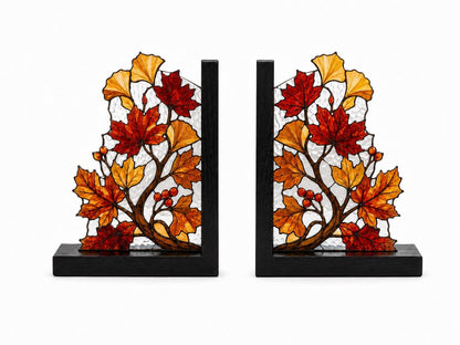 Autumn Leaves stained glass bookend set in a styled home interior