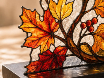 Detail view of the autumn leaves stained glass artwork