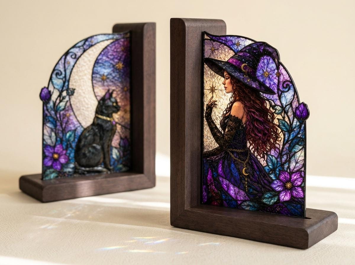 Witch and Black Cat glass bookend set near a bright window