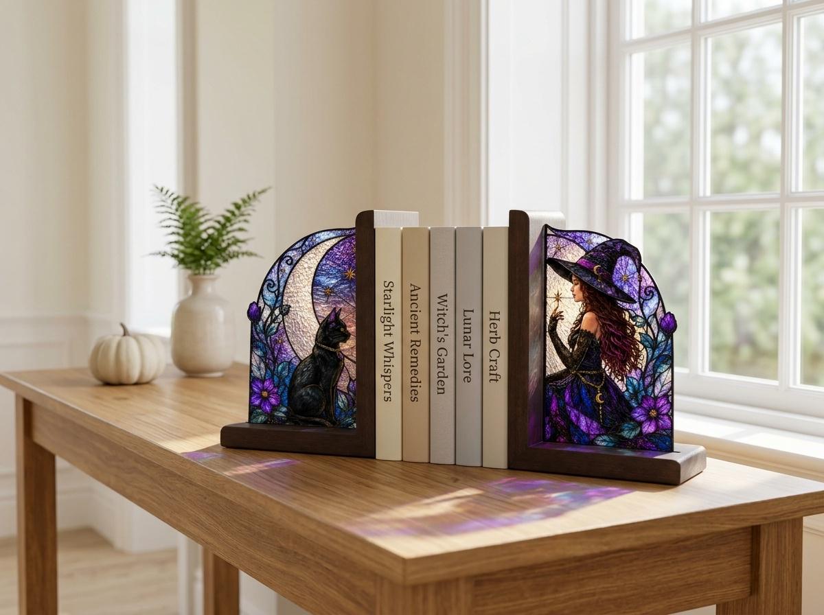 Angled view of the witch and black cat glass artwork