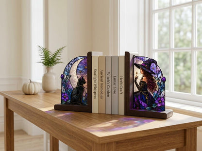 Angled view of the witch and black cat glass artwork