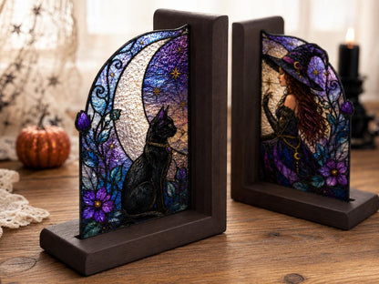 Detail view of the witch and black cat stained glass artwork