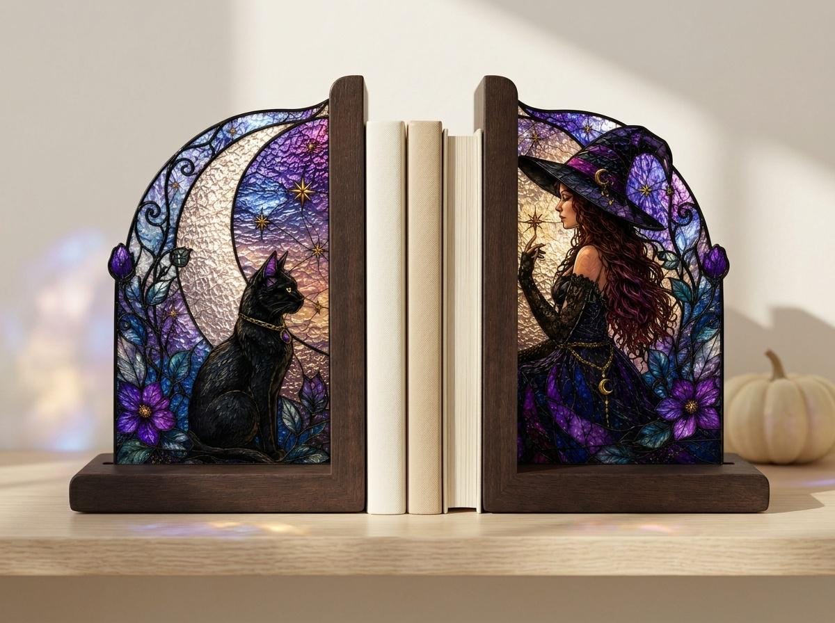 Front view of the witch and black cat stained glass bookend set