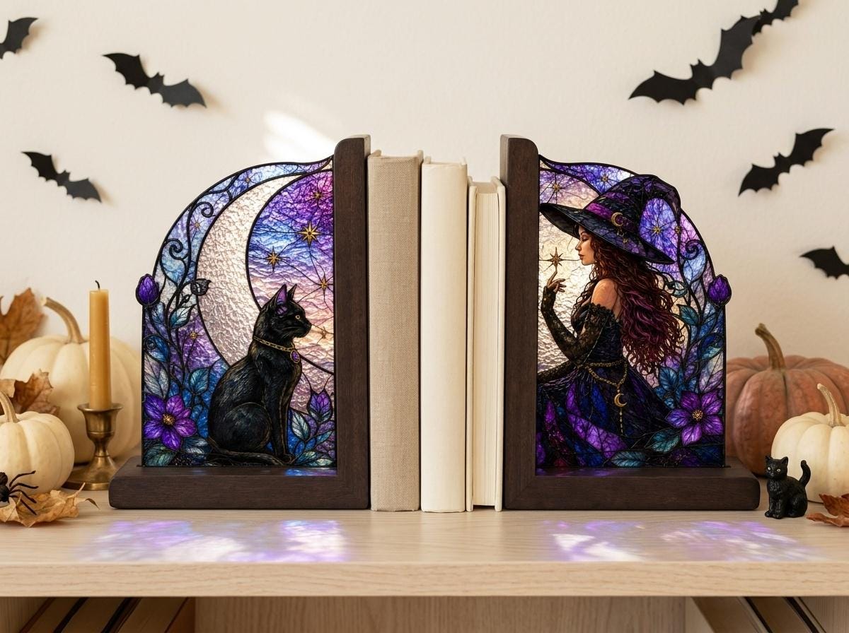 Witch and Black Cat stained glass bookend set in a styled home interior