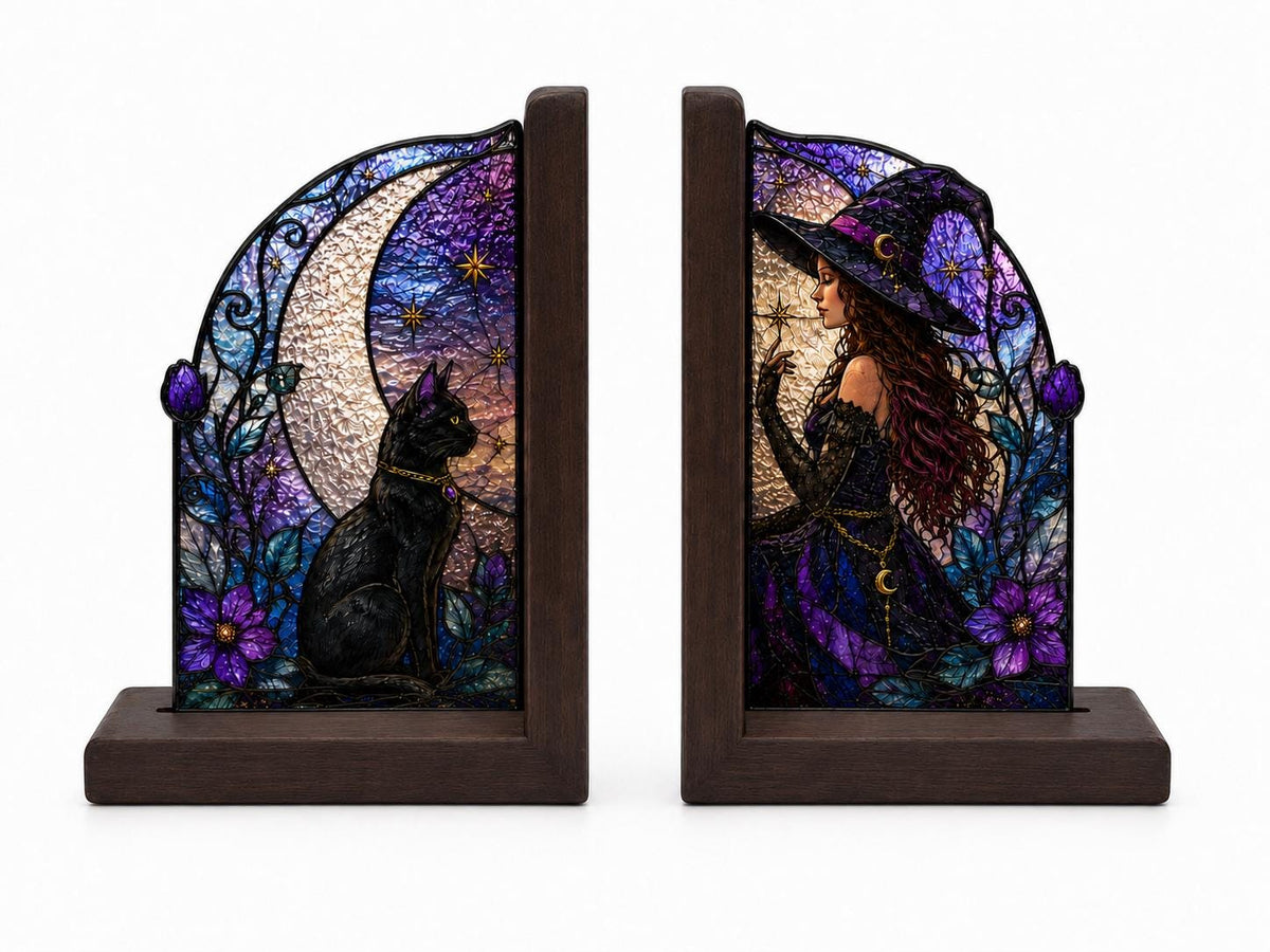 Front view of the witch and black cat stained glass bookend set