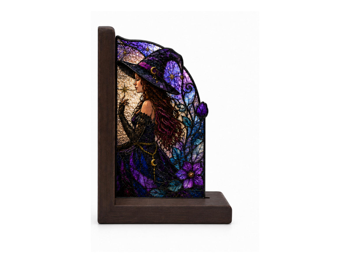 Close view showing color and texture in the witch and black cat design