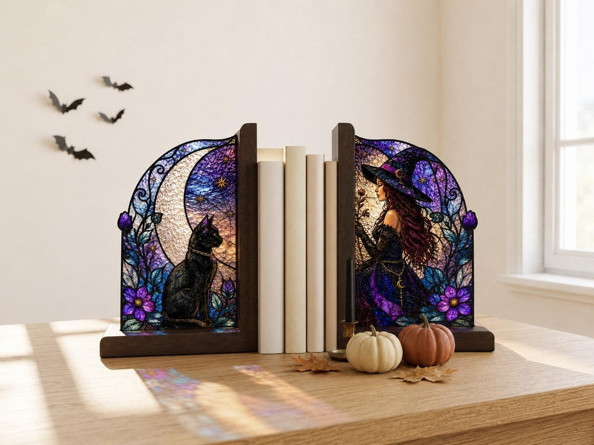 Witch and Black Cat Stained Glass Bookends with Wood Bases displayed in natural light