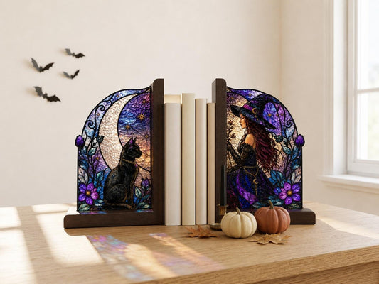 Witch and Black Cat Stained Glass Bookends with Wood Bases displayed in natural light