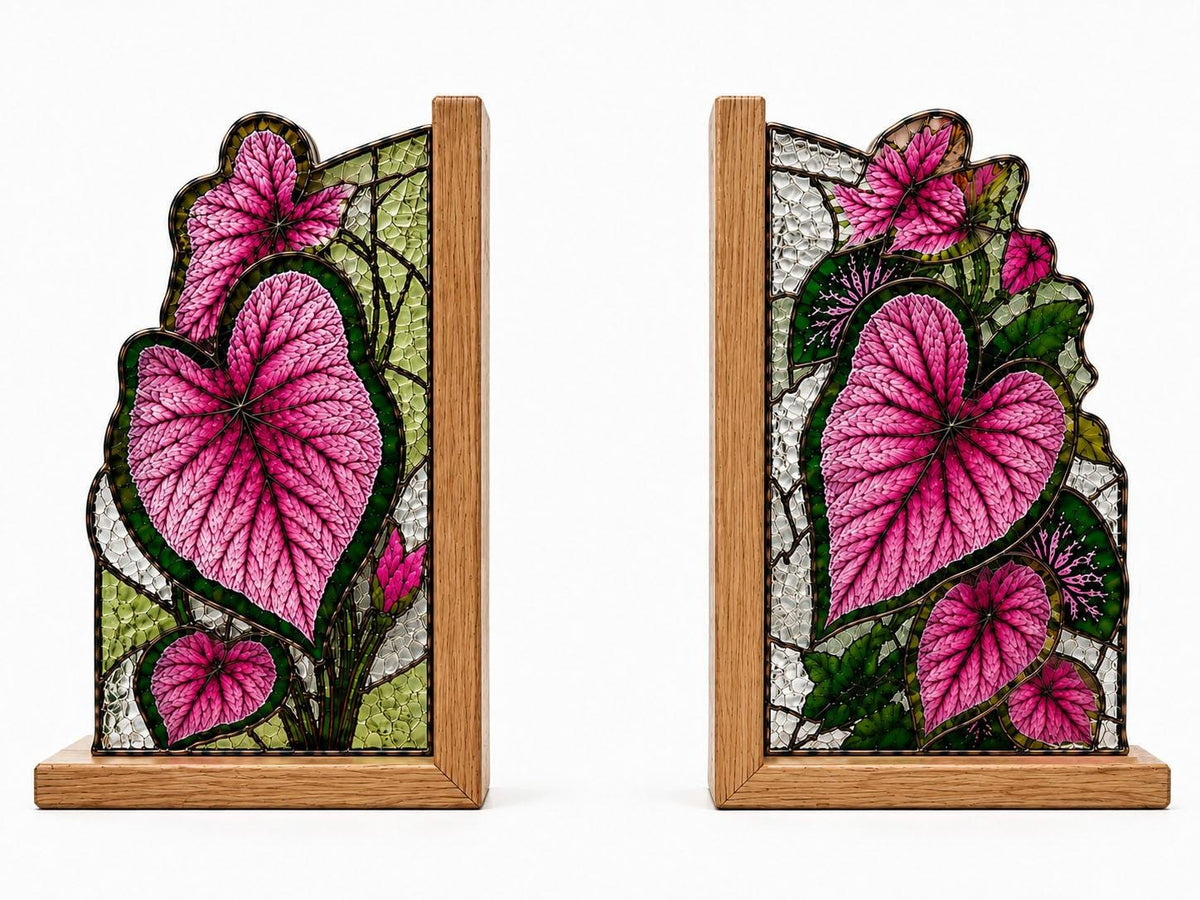 Leaf Stained Glass Bookends with Wood Bases displayed in natural light