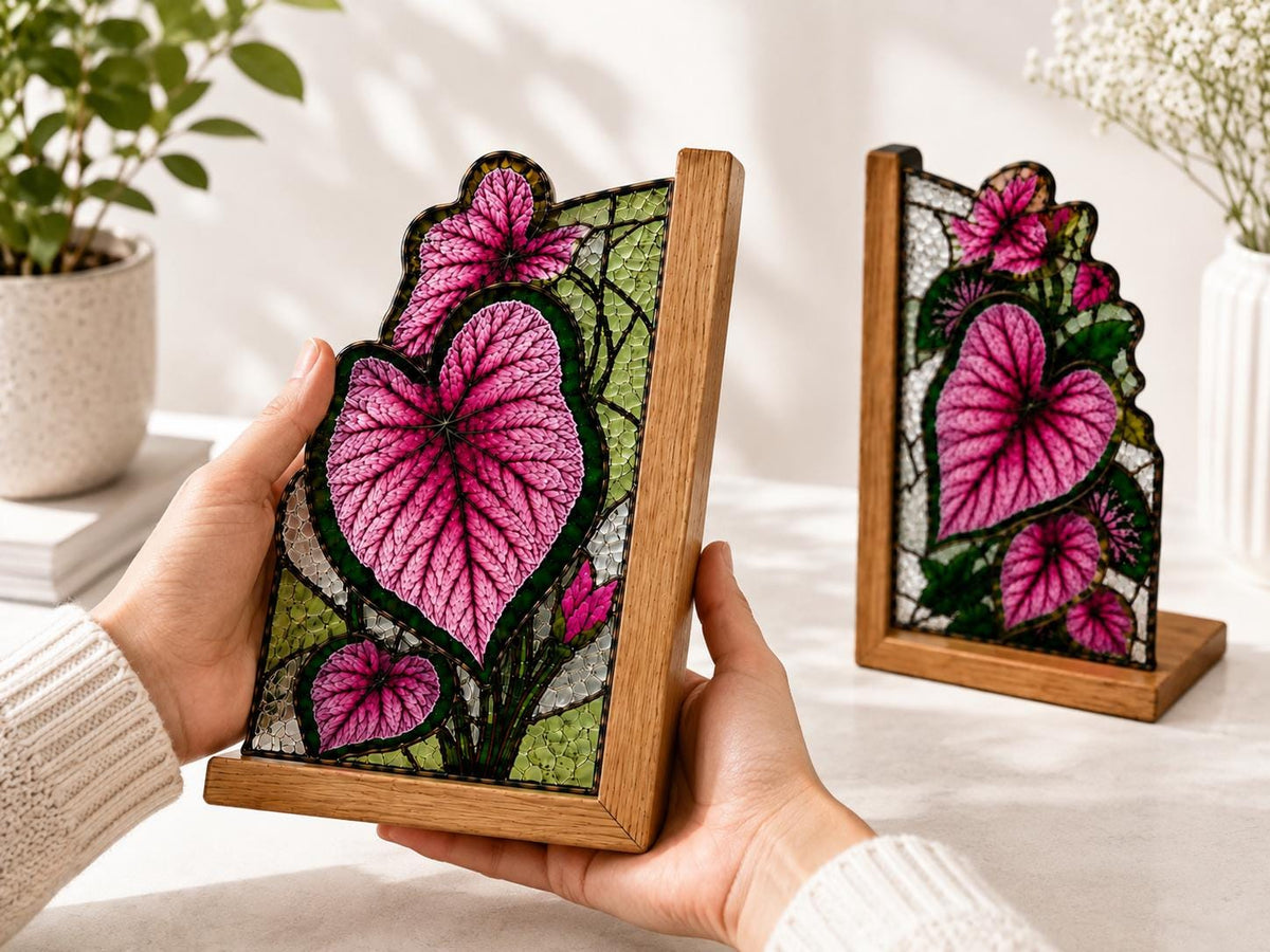 Leaf bookend set arranged for indoor display