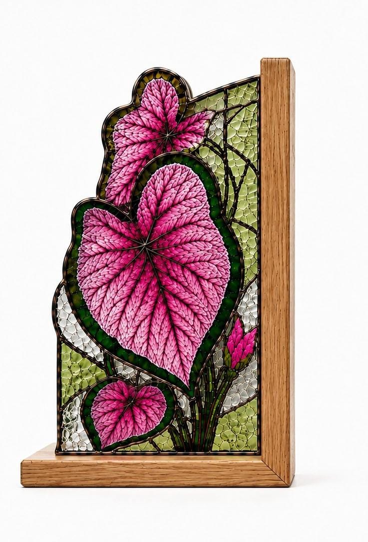 Leaf stained glass bookend set in a styled home interior
