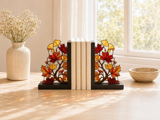 Autumn Leaves Stained Glass Bookends with Wood Bases displayed in natural light