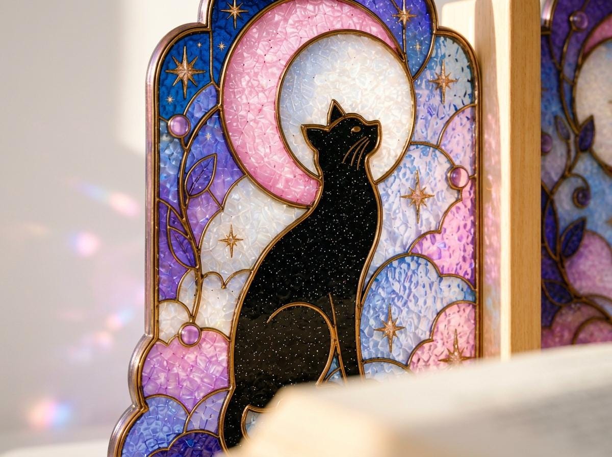 Detail view of the black cat stained glass artwork