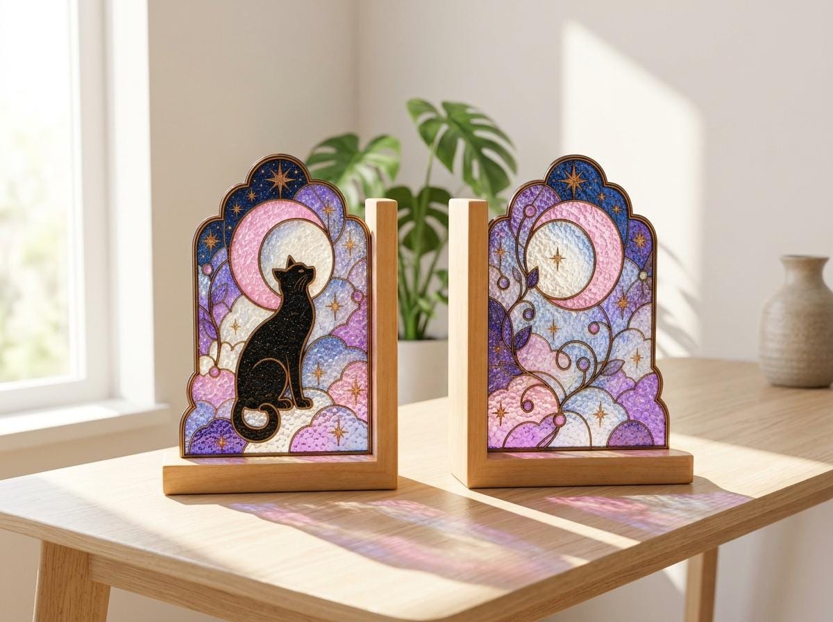 Black Cat glass bookend set near a bright window