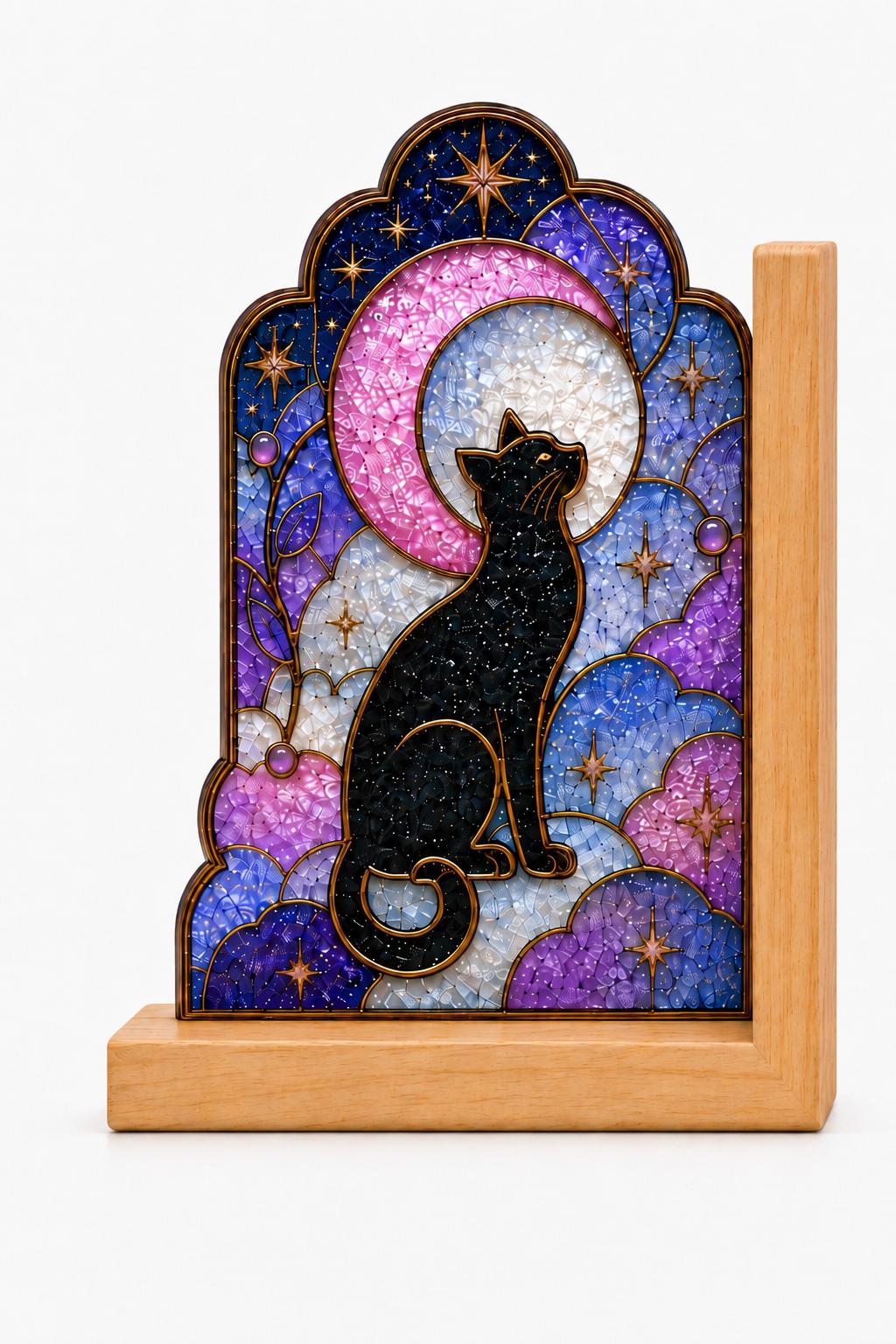 Black Cat Stained Glass Bookends with Wood Bases displayed in natural light