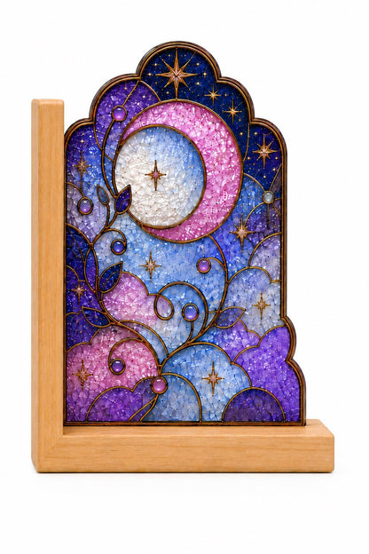Black Cat stained glass bookend set in a styled home interior