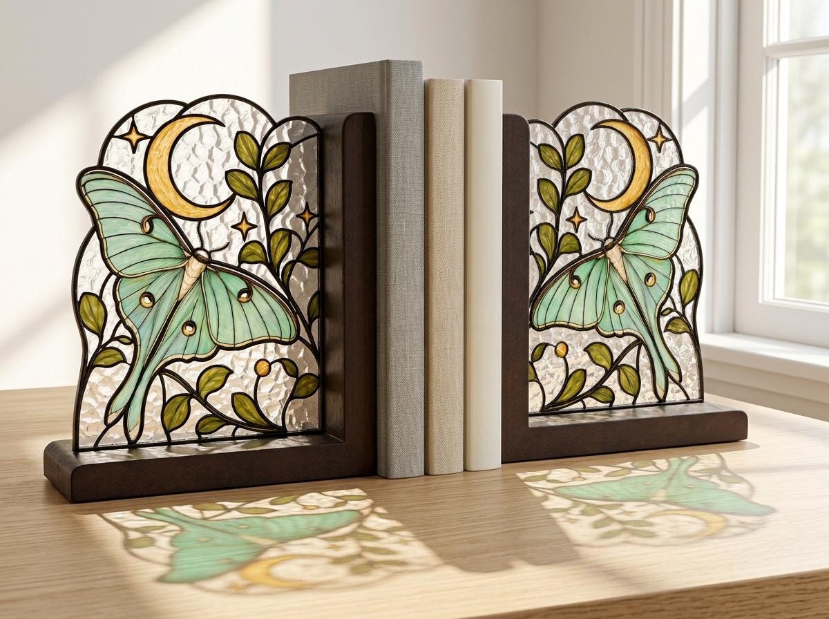 Celestial Luna Moth stained glass bookend set in a styled home interior