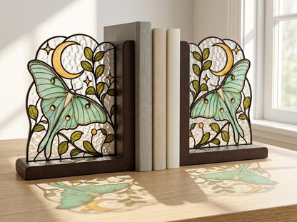 Celestial Luna Moth stained glass bookend set in a styled home interior