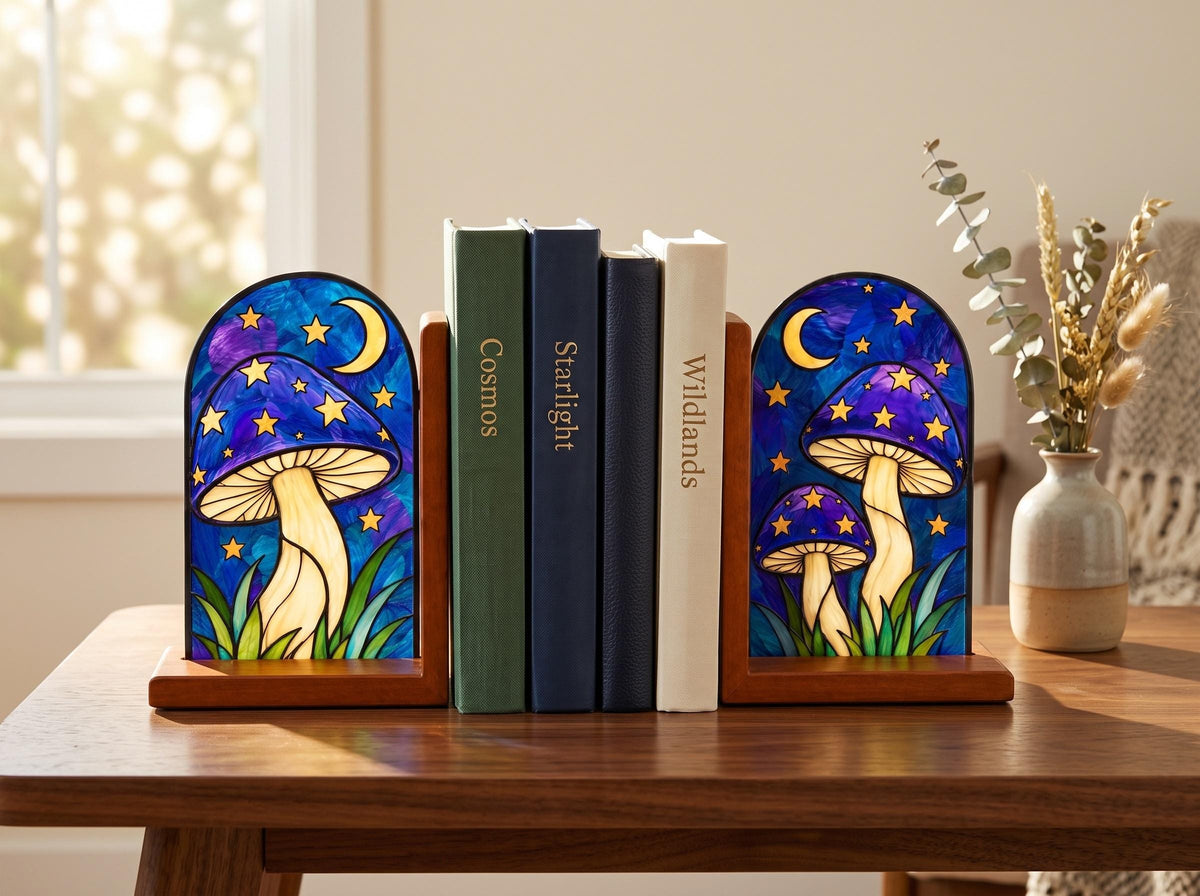Angled view of the mushroom glass artwork