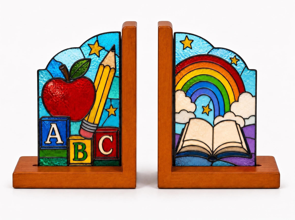 Back To School Stained Glass Bookends with Wood Bases displayed in natural light
