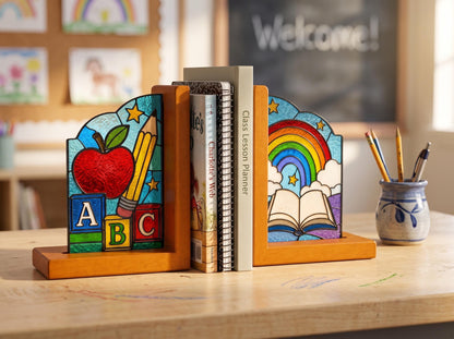 Front view of the back to school stained glass bookend set