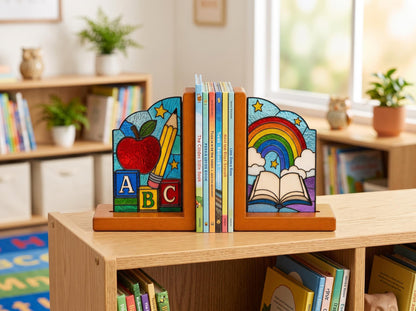 Back To School Stained Glass Bookends with Wood Bases displayed in natural light