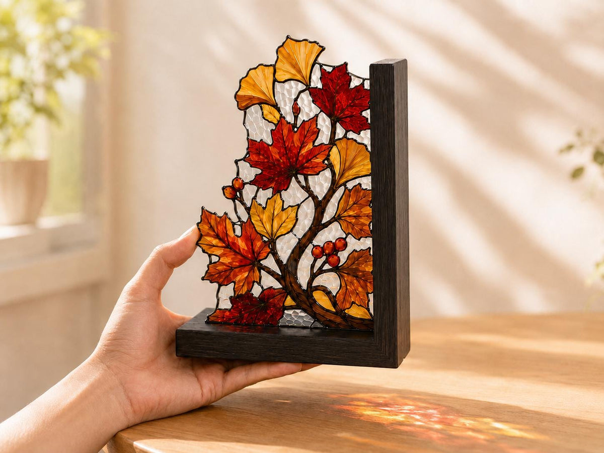 Autumn Leaves bookend set arranged for indoor display