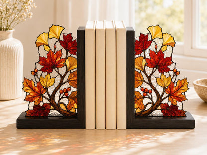 Autumn Leaves stained glass bookend set in a styled home interior