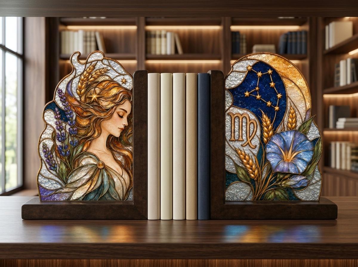 Detail view of the virgo zodiac stained glass artwork