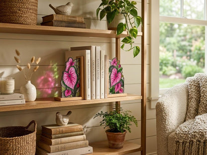 Leaf Stained Glass Bookends with Wood Bases displayed in natural light