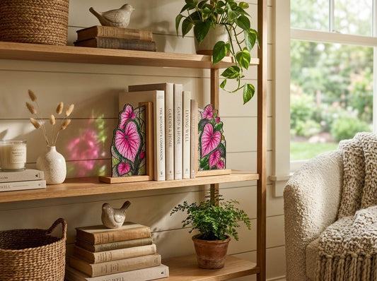 Leaf Stained Glass Bookends with Wood Bases displayed in natural light