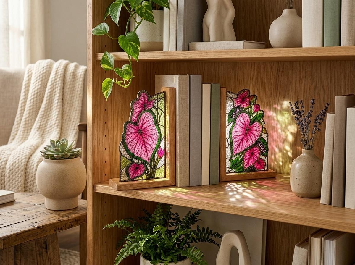 Leaf stained glass bookend set in a styled home interior