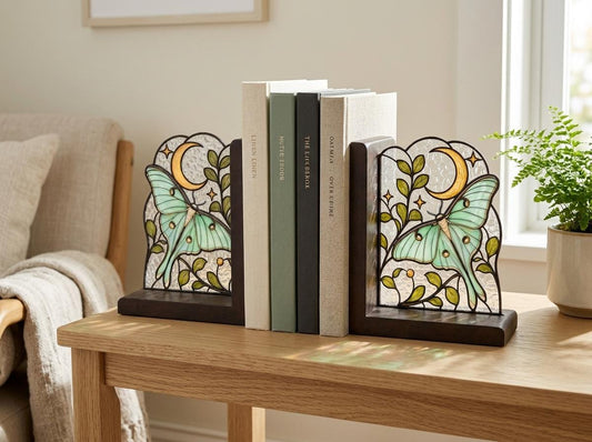 Celestial Luna Moth Stained Glass Bookends with Wood Bases displayed in natural light