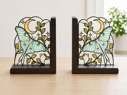 Front view of the celestial luna moth stained glass bookend set