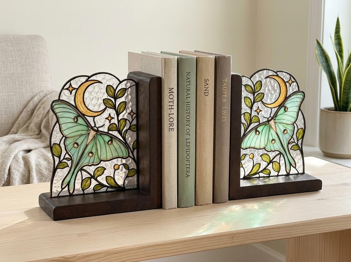 Angled view of the celestial luna moth glass artwork