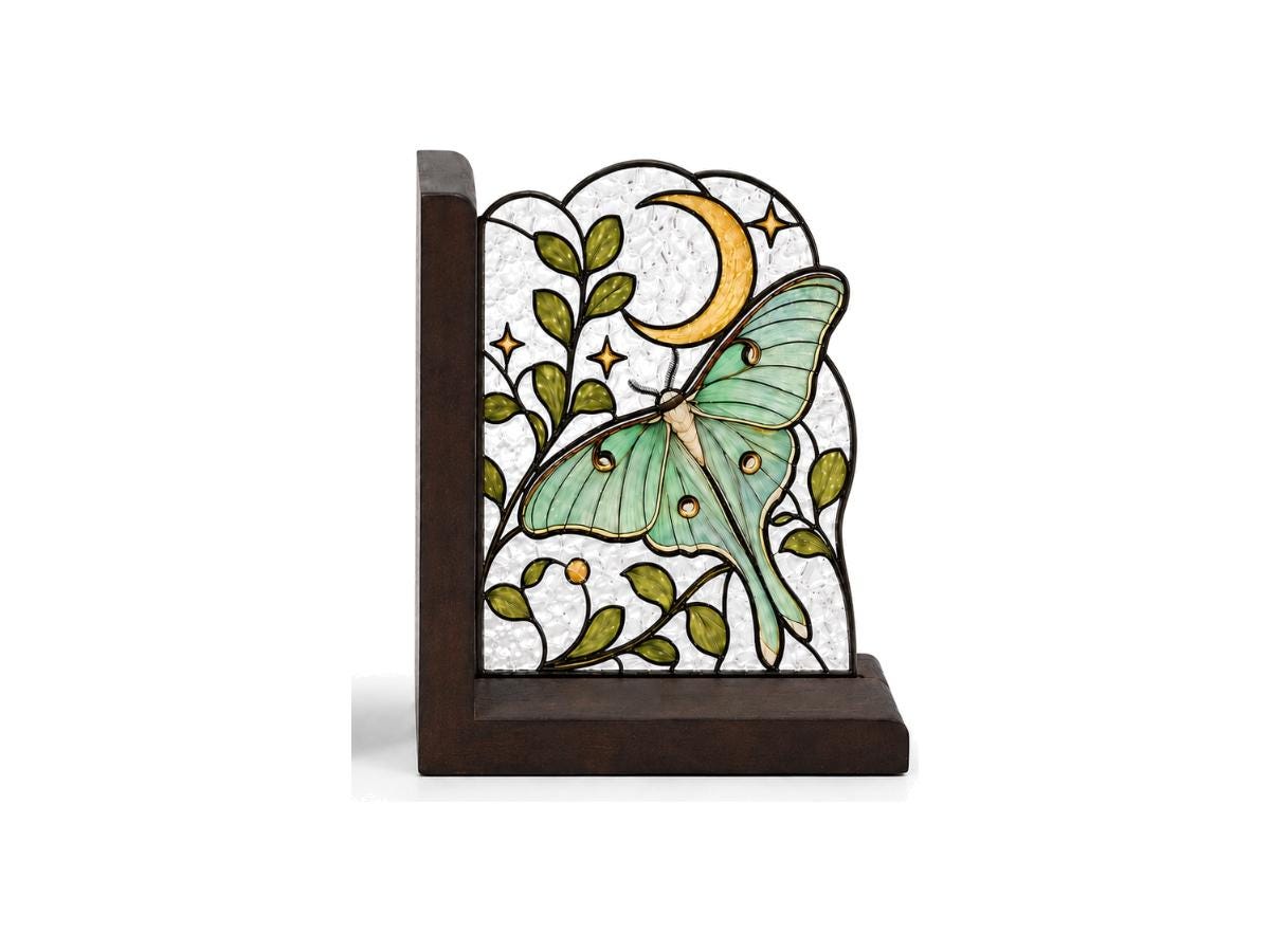 Celestial Luna Moth Stained Glass Bookends with Wood Bases displayed in natural light